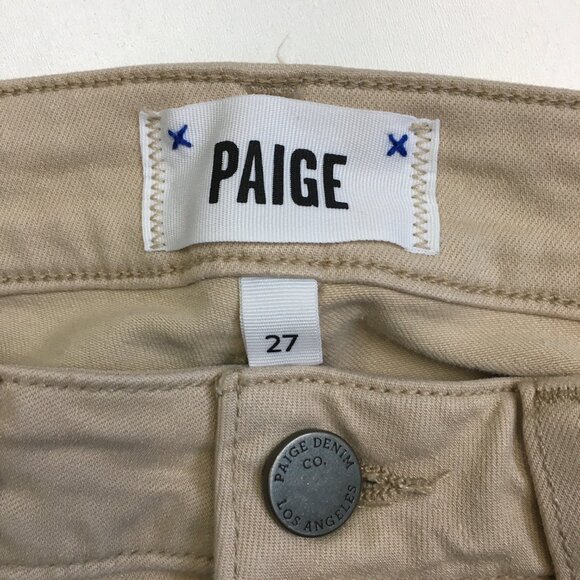 PAIGE 5 Pocket Oak Sand Destructed KYLIE Crop Raw Fray Hem Distressed Jeans - Picture 2 of 14